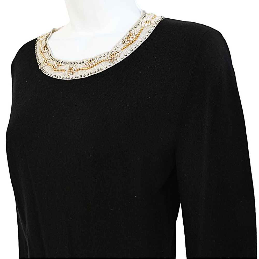 TSE Black CaSHMeRe Blend Floral Beaded Pullover Sweater Snap Back Silk Trim S